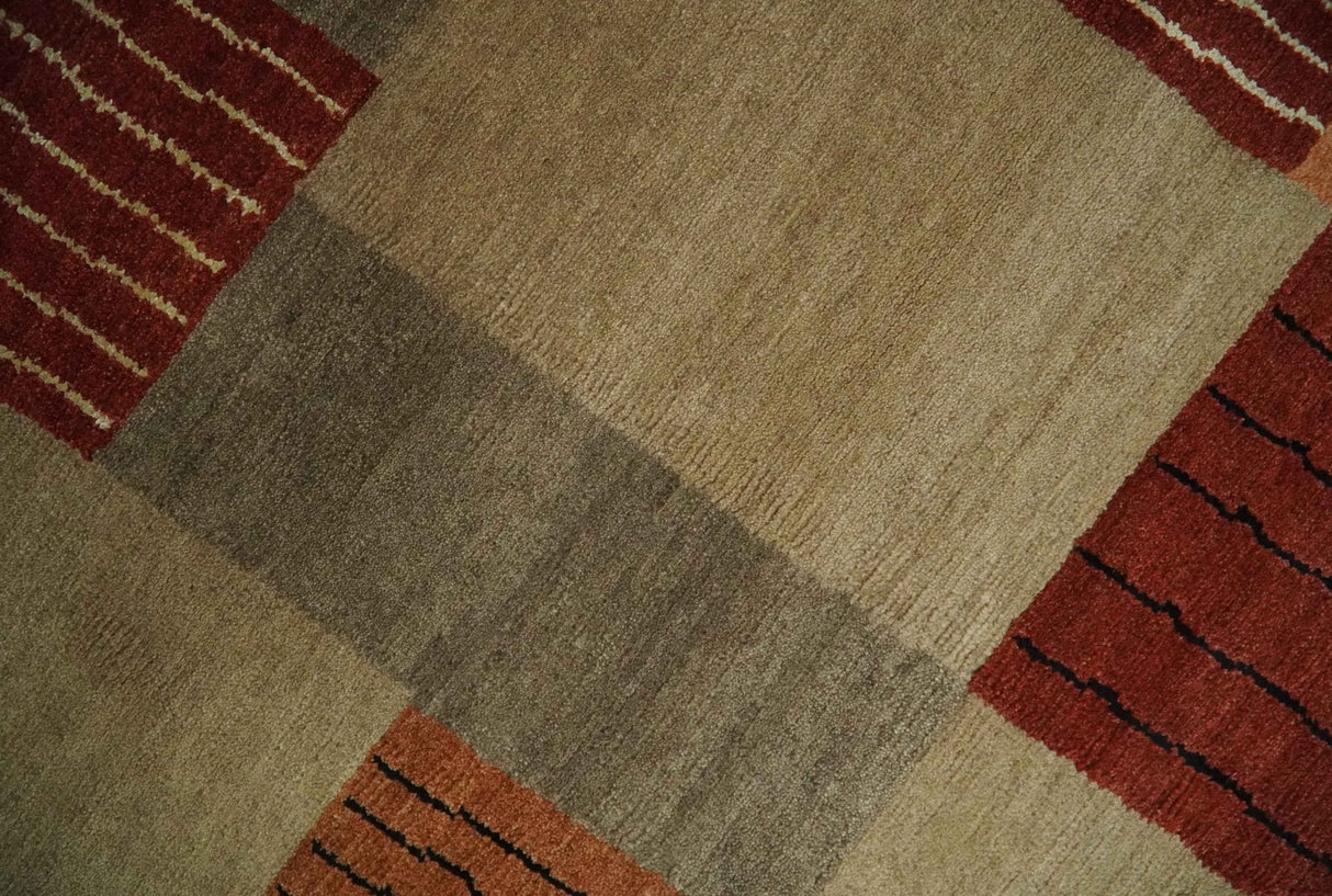 Modern Geometrical Brown, Rust, Gray and Beige Handloom 6x8 wool and Art Silk Area Rug