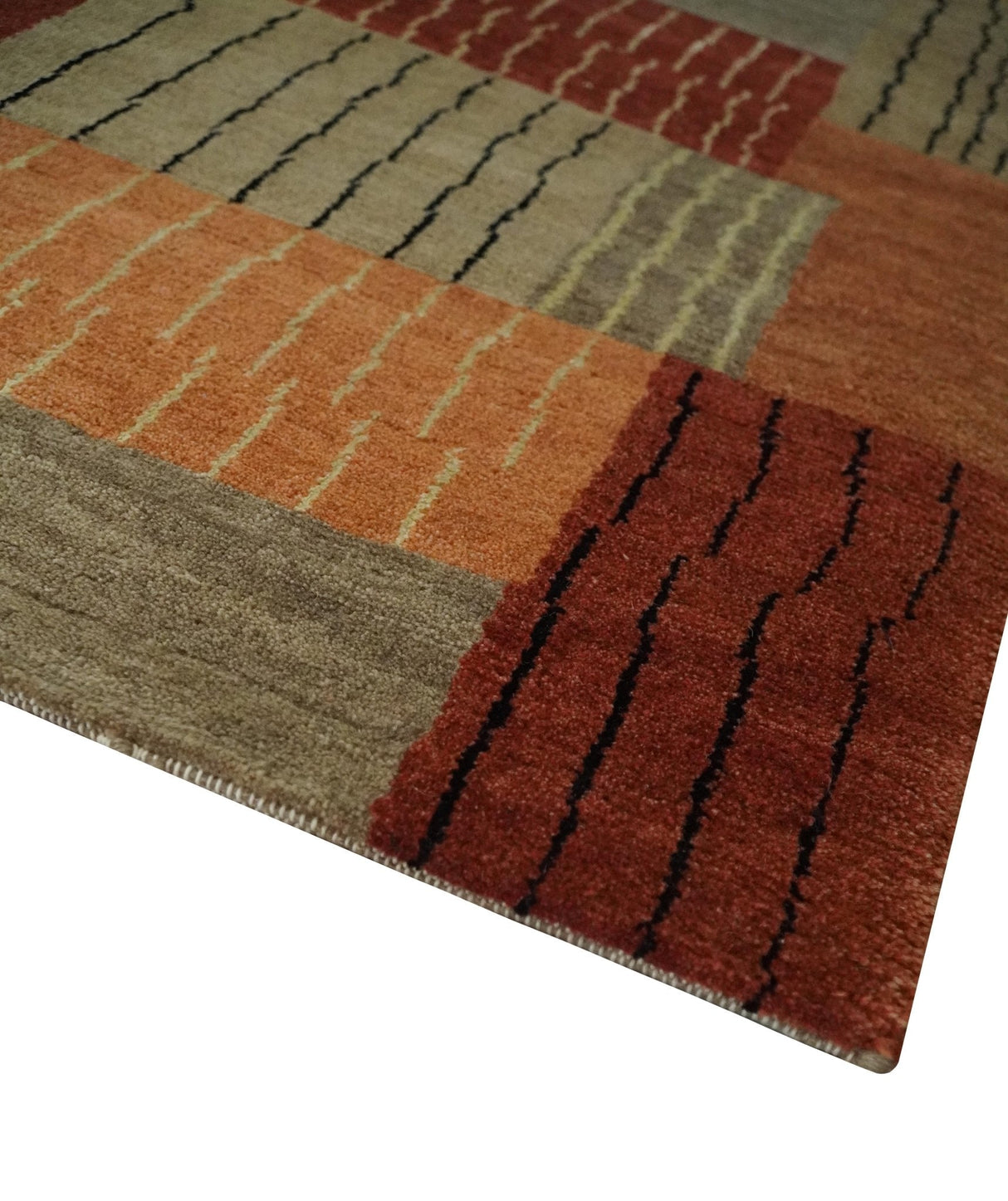 Modern Geometrical Brown, Rust, Gray and Beige Handloom 6x8 wool and Art Silk Area Rug