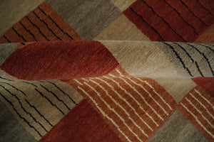 Modern Geometrical Brown, Rust, Gray and Beige Handloom 6x8 wool and Art Silk Area Rug