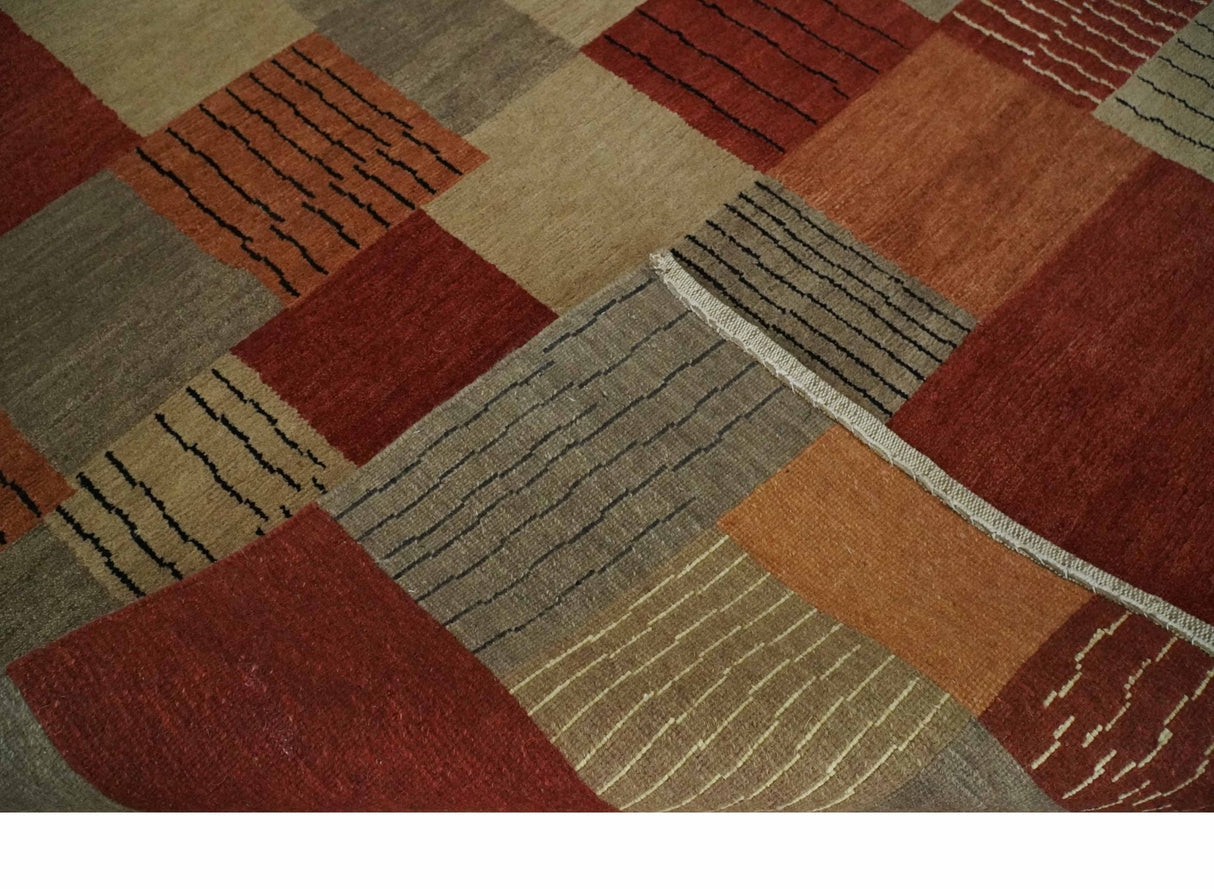 Modern Geometrical Brown, Rust, Gray and Beige Handloom 6x8 wool and Art Silk Area Rug
