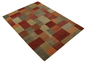 Modern Geometrical Brown, Rust, Gray and Beige Handloom 6x8 wool and Art Silk Area Rug