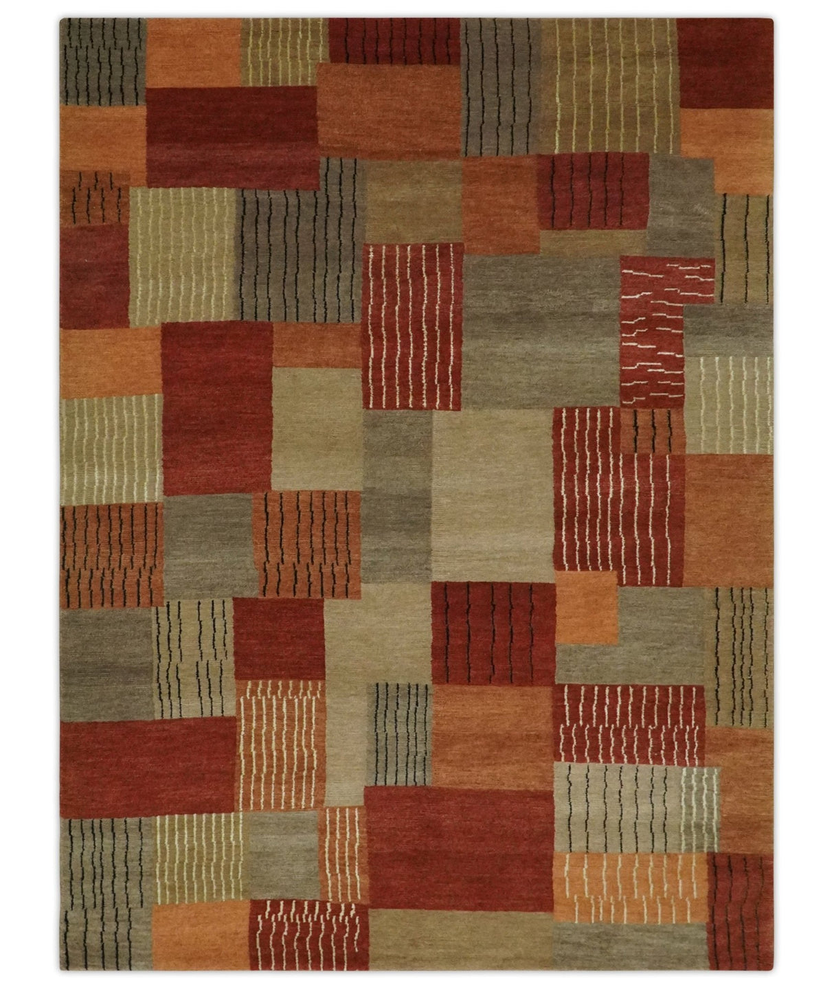 Modern Geometrical Brown, Rust, Gray and Beige Handloom 6x8 wool and Art Silk Area Rug