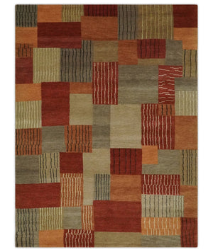Modern Geometrical Brown, Rust, Gray and Beige Handloom 6x8 wool and Art Silk Area Rug