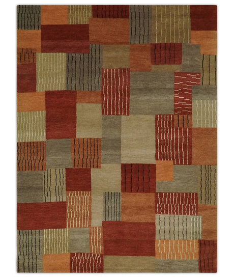 Modern Geometrical Brown, Rust, Gray and Beige Handloom 6x8 wool and Art Silk Area Rug