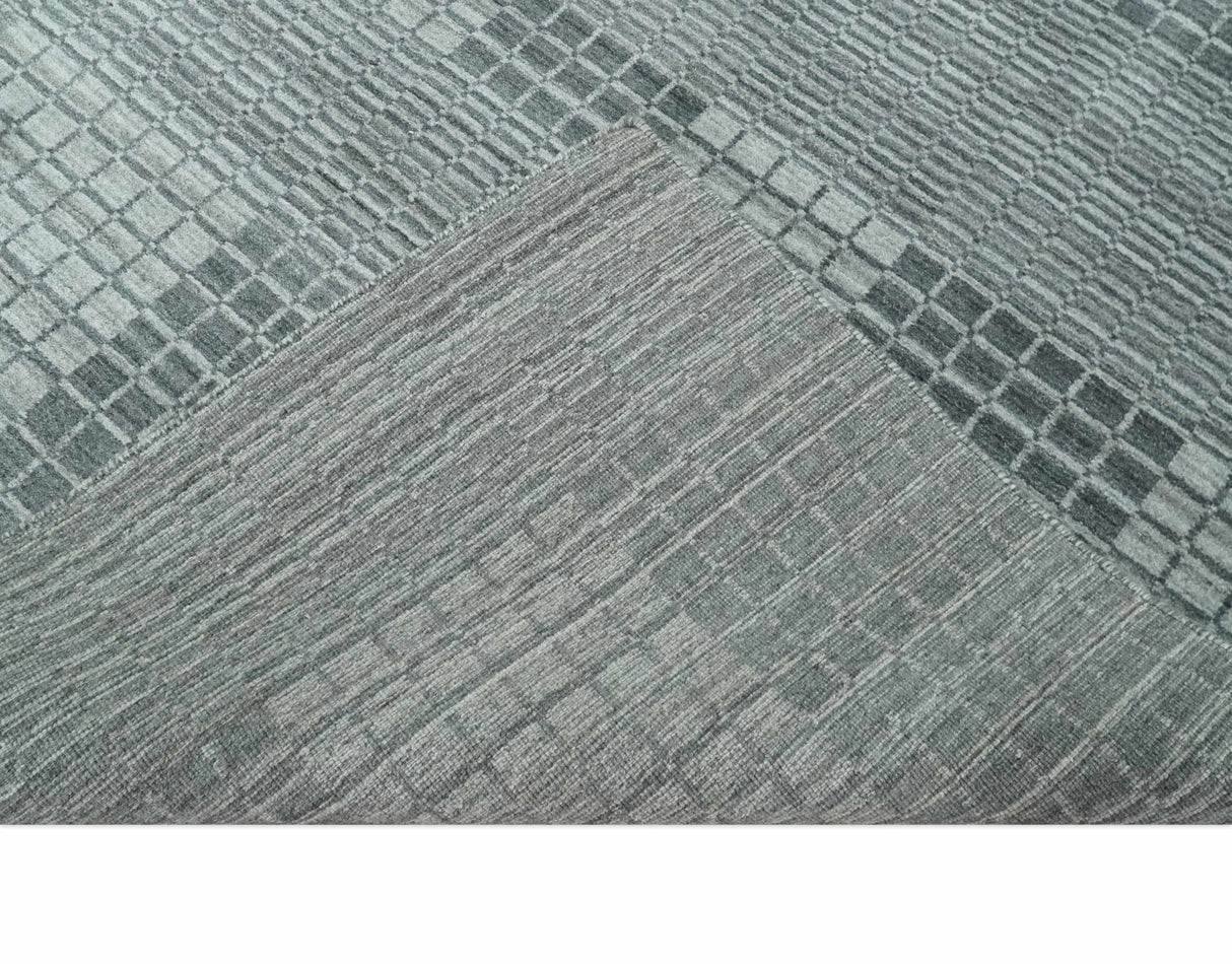 Modern Geometrical Checkered striped Hand Made 8x10 Charcoal, Gray and Silver Scandinavian Blended Wool Flatwoven Area Rug | KE38