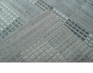 Modern Geometrical Checkered striped Hand Made 8x10 Charcoal, Gray and Silver Scandinavian Blended Wool Flatwoven Area Rug | KE38