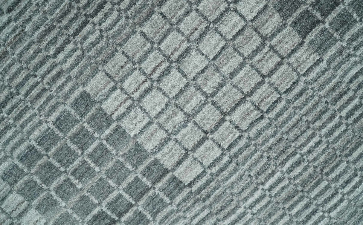 Modern Geometrical Checkered striped Hand Made 8x10 Charcoal, Gray and Silver Scandinavian Blended Wool Flatwoven Area Rug | KE38
