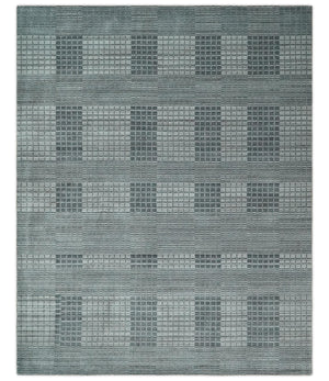 Modern Geometrical Checkered striped Hand Made 8x10 Charcoal, Gray and Silver Scandinavian Blended Wool Flatwoven Area Rug | KE38