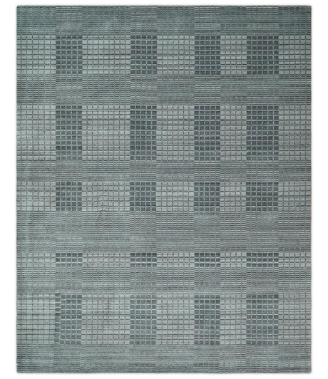 Modern Geometrical Checkered striped Hand Made 8x10 Charcoal, Gray and Silver Scandinavian Blended Wool Flatwoven Area Rug | KE38