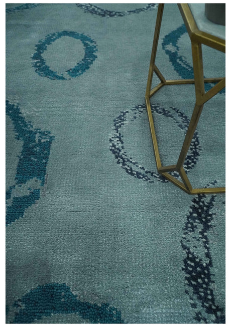 Modern Geometrical Circle Design Teal and Charcoal 5x7 Hand Knotted wool area rug