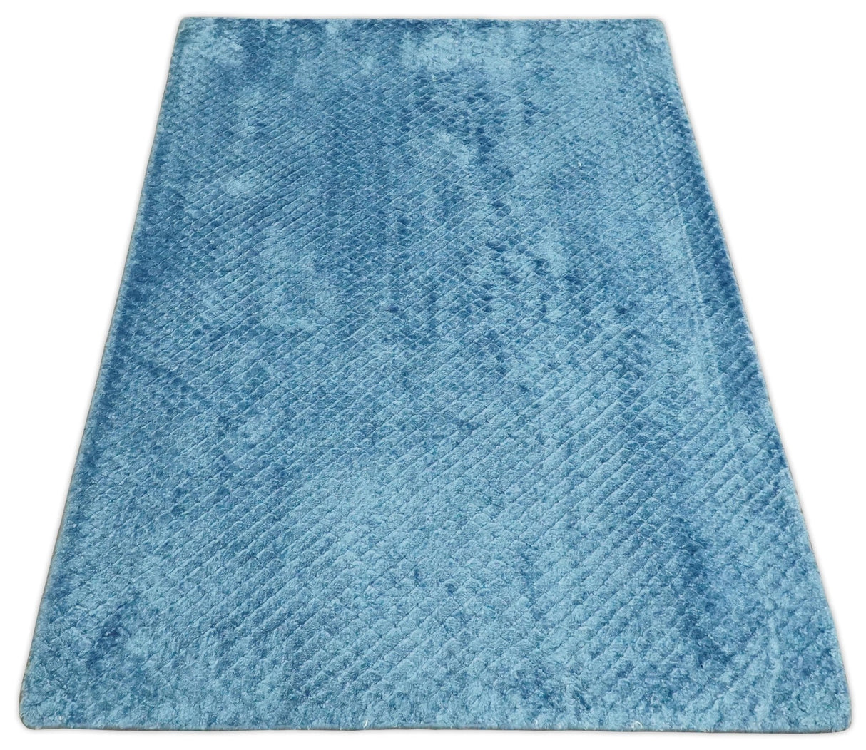 Modern Geometrical Cross Square Hand Made 2x3 Aqua Blue Art silk Area Rug