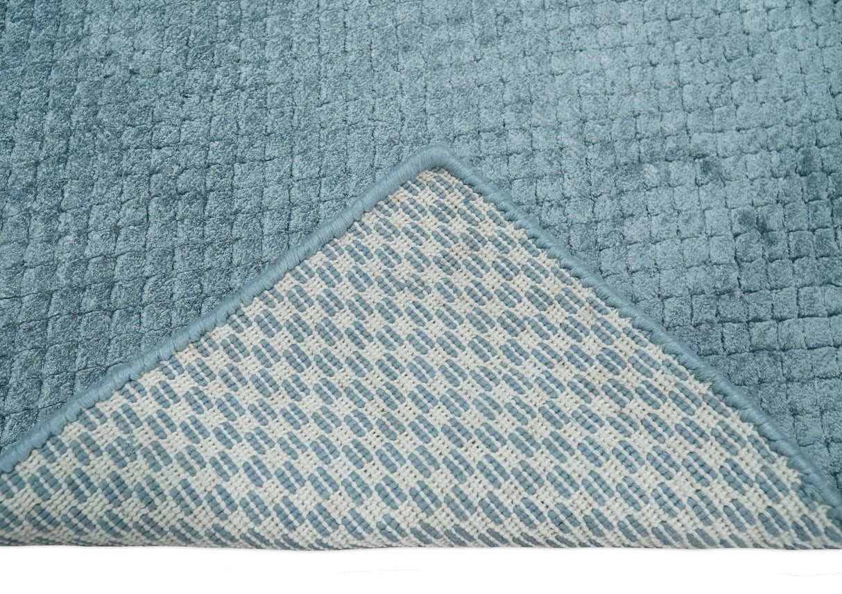 Modern Geometrical Cross Square Hand Made 2x4 Aqua Blue Art Silk Area Rug