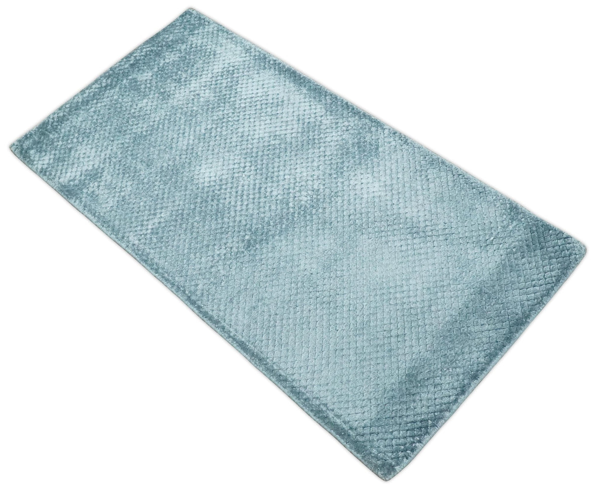Modern Geometrical Cross Square Hand Made 2x4 Aqua Blue Art Silk Area Rug