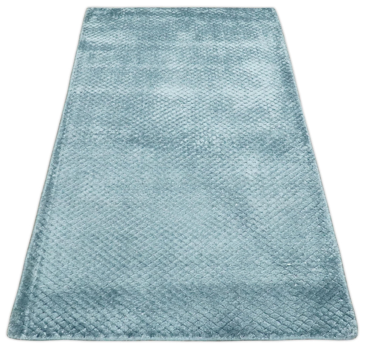 Modern Geometrical Cross Square Hand Made 2x4 Aqua Blue Art Silk Area Rug
