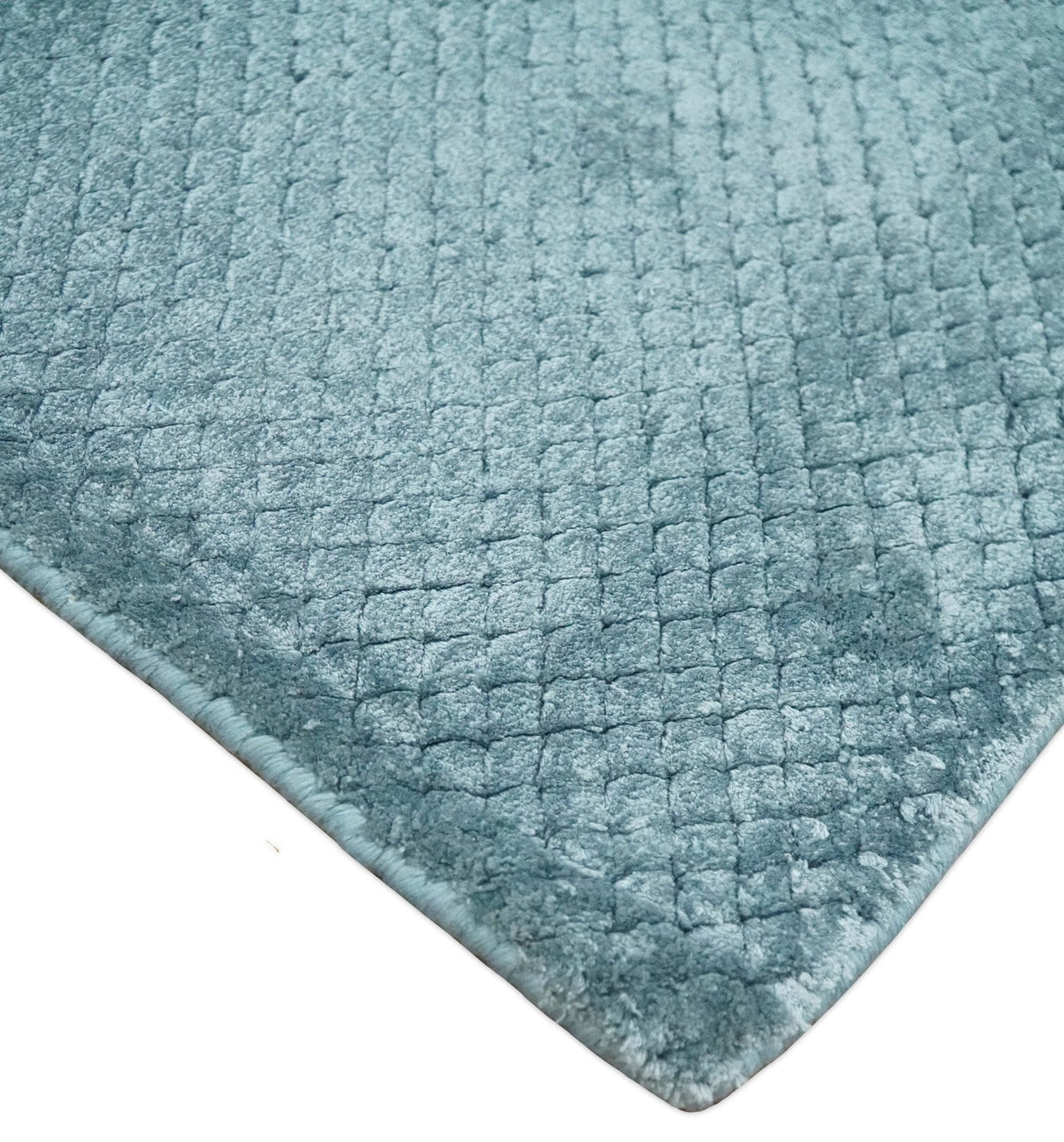 Modern Geometrical Cross Square Hand Made 2x4 Aqua Blue Art Silk Area Rug