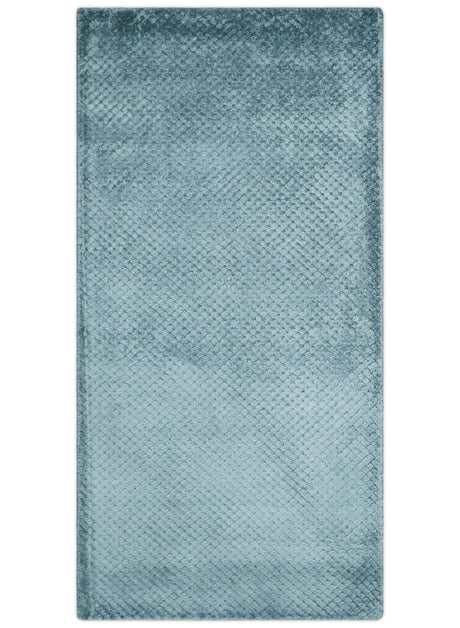 Modern Geometrical Cross Square Hand Made 2x4 Aqua Blue Art Silk Area Rug