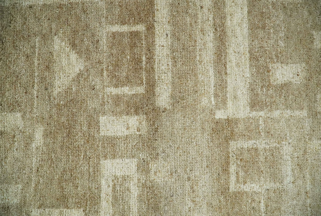 Modern Geometrical Dark Beige and Ivory Hand Knotted 5x8 Wool Area Rug