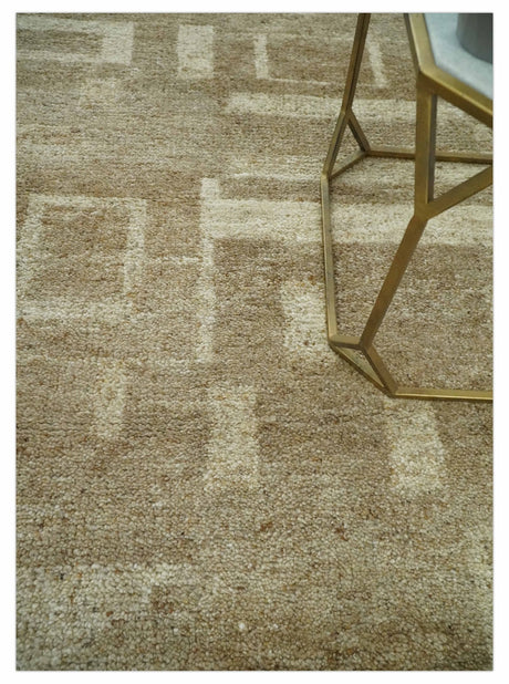 Modern Geometrical Dark Beige and Ivory Hand Knotted 5x8 Wool Area Rug