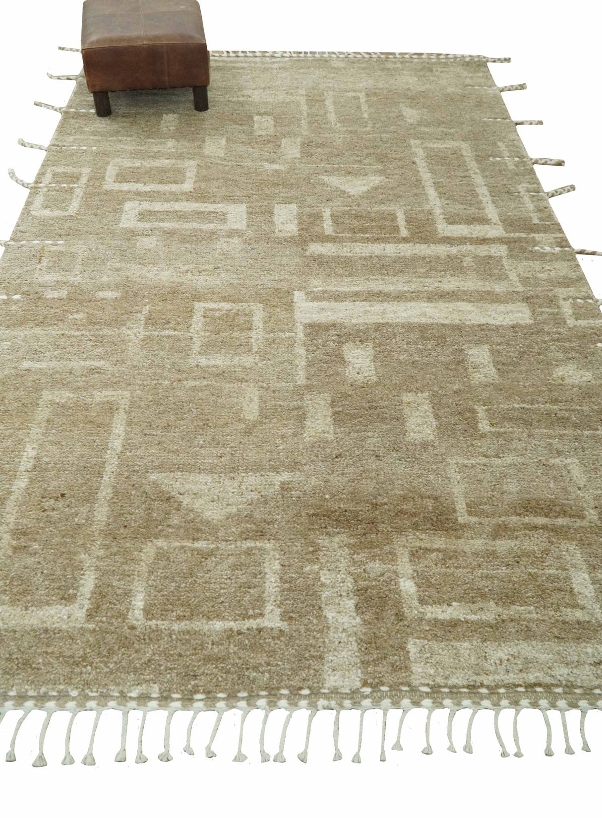 Modern Geometrical Dark Beige and Ivory Hand Knotted 5x8 Wool Area Rug