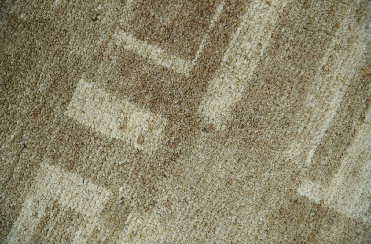 Modern Geometrical Dark Beige and Ivory Hand Knotted 5x8 Wool Area Rug