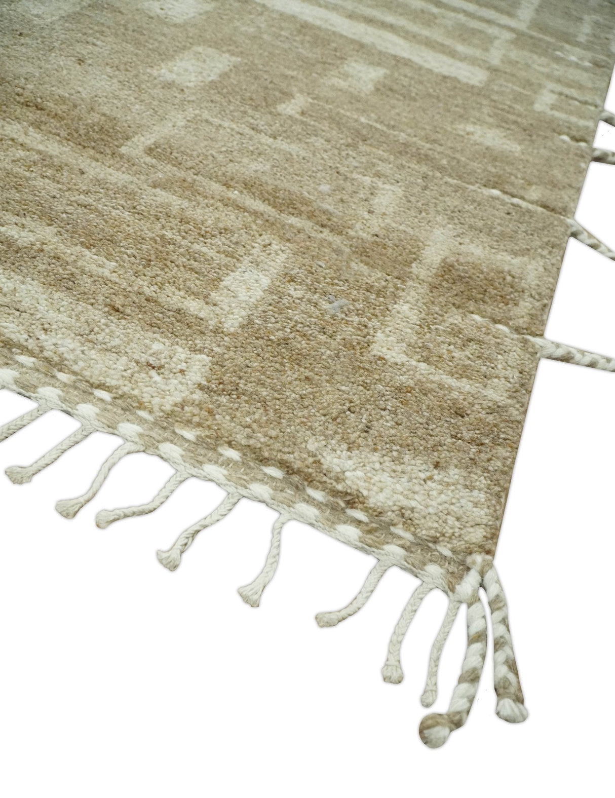 Modern Geometrical Dark Beige and Ivory Hand Knotted 5x8 Wool Area Rug