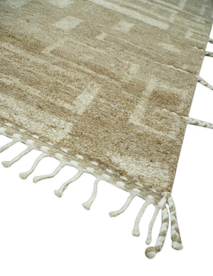 Modern Geometrical Dark Beige and Ivory Hand Knotted 5x8 Wool Area Rug
