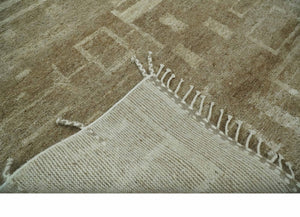 Modern Geometrical Dark Beige and Ivory Hand Knotted 5x8 Wool Area Rug