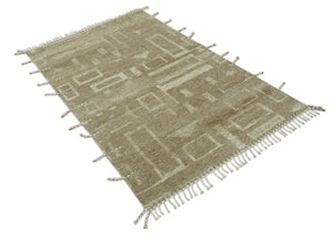 Modern Geometrical Dark Beige and Ivory Hand Knotted 5x8 Wool Area Rug