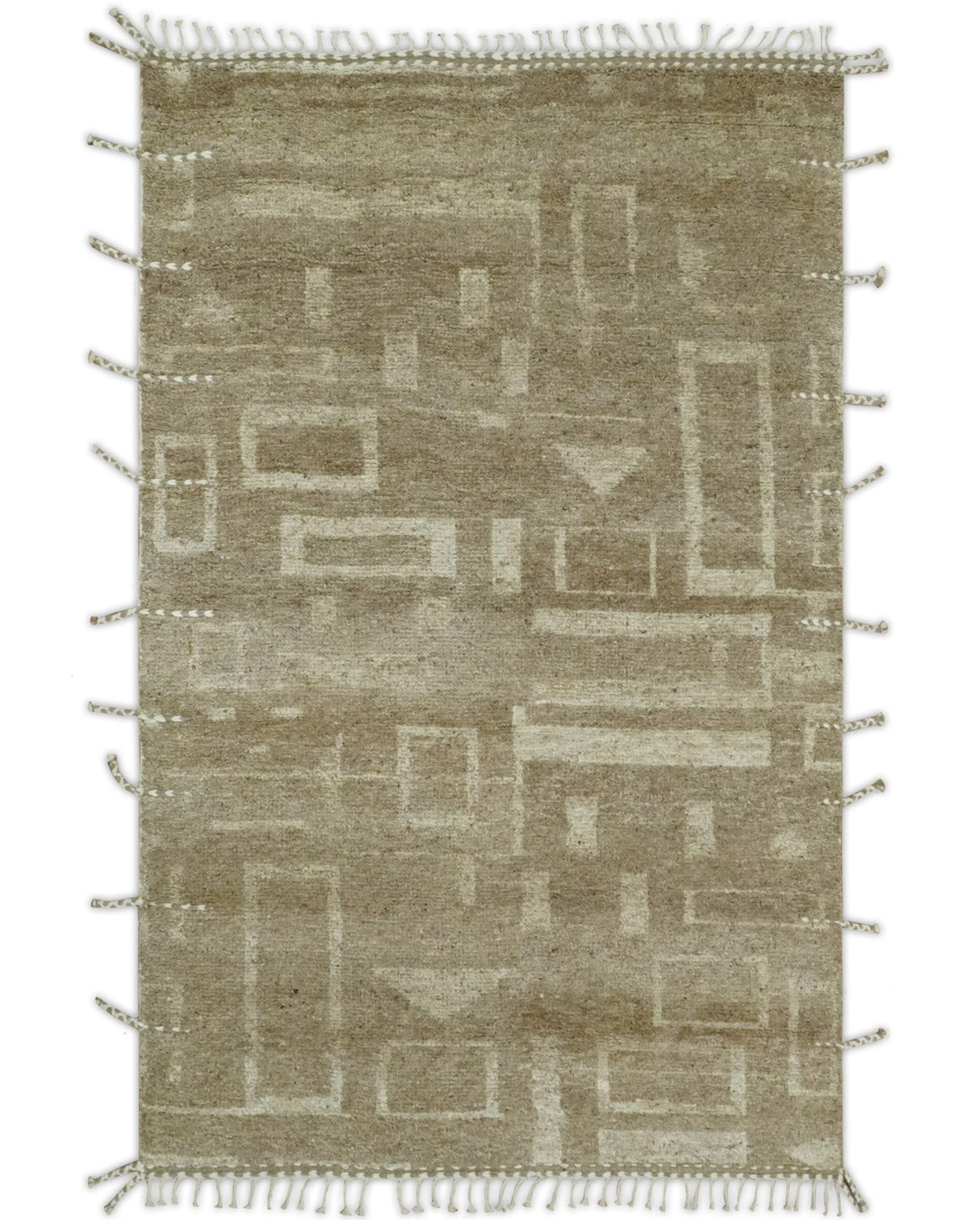 Modern Geometrical Dark Beige and Ivory Hand Knotted 5x8 Wool Area Rug