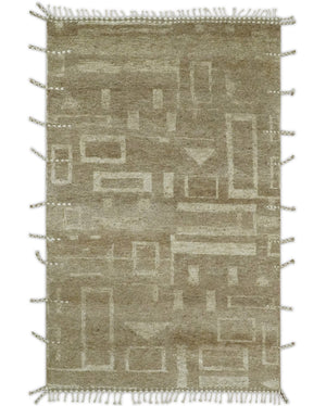 Modern Geometrical Dark Beige and Ivory Hand Knotted 5x8 Wool Area Rug