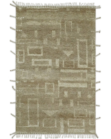 Modern Geometrical Dark Beige and Ivory Hand Knotted 5x8 Wool Area Rug