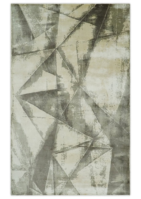 Modern Geometrical Diamond Cut Design Beige and Gray 5x8 Hand loom Viscose Area Rug