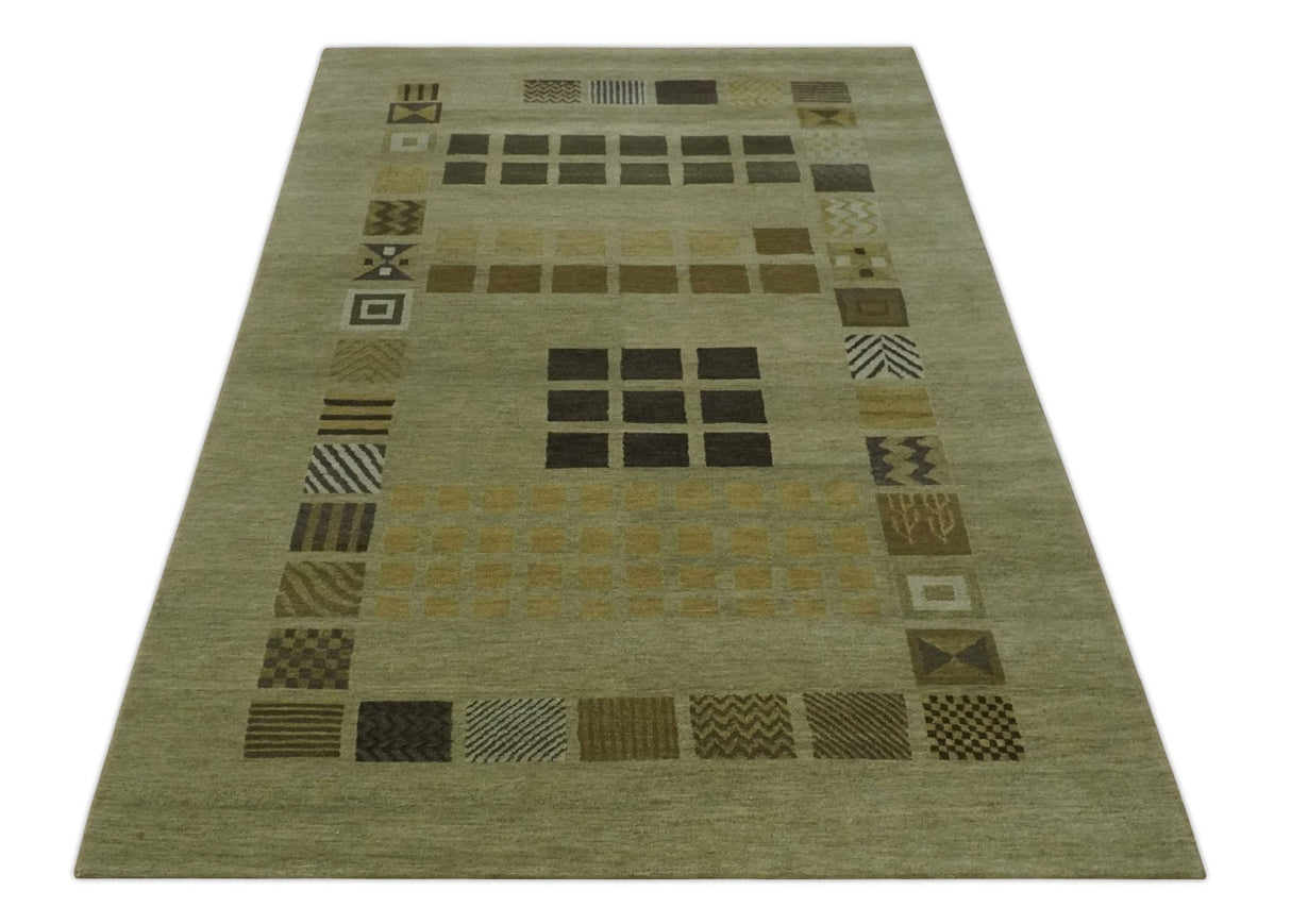 Modern Geometrical Green, Charcoal and Brown Hand loom 5x8 wool Area Rug
