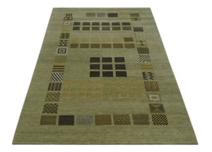 Modern Geometrical Green, Charcoal and Brown Hand loom 5x8 wool Area Rug
