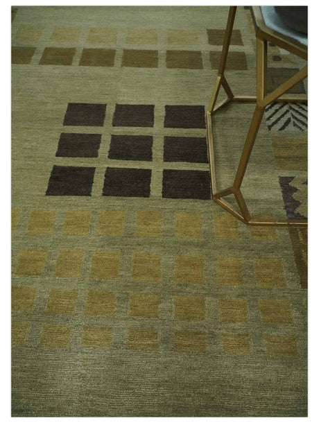 Modern Geometrical Green, Charcoal and Brown Hand loom 5x8 wool Area Rug