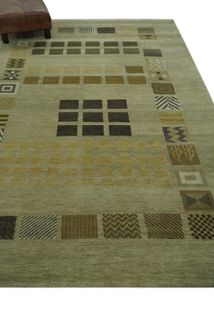 Modern Geometrical Green, Charcoal and Brown Hand loom 5x8 wool Area Rug
