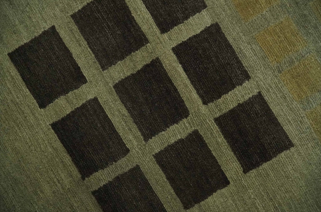 Modern Geometrical Green, Charcoal and Brown Hand loom 5x8 wool Area Rug