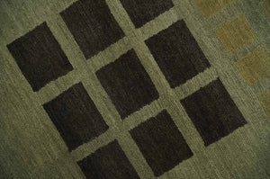 Modern Geometrical Green, Charcoal and Brown Hand loom 5x8 wool Area Rug