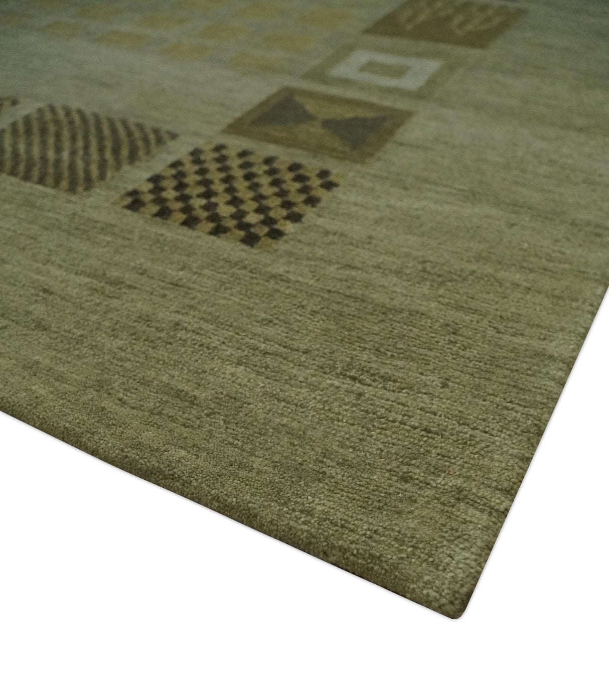 Modern Geometrical Green, Charcoal and Brown Hand loom 5x8 wool Area Rug