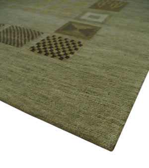 Modern Geometrical Green, Charcoal and Brown Hand loom 5x8 wool Area Rug