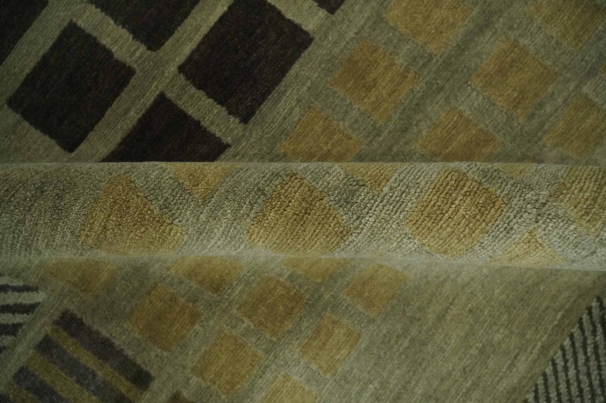 Modern Geometrical Green, Charcoal and Brown Hand loom 5x8 wool Area Rug