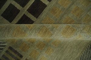 Modern Geometrical Green, Charcoal and Brown Hand loom 5x8 wool Area Rug