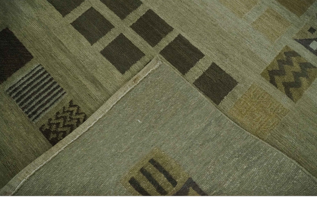 Modern Geometrical Green, Charcoal and Brown Hand loom 5x8 wool Area Rug