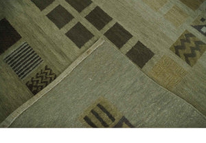 Modern Geometrical Green, Charcoal and Brown Hand loom 5x8 wool Area Rug