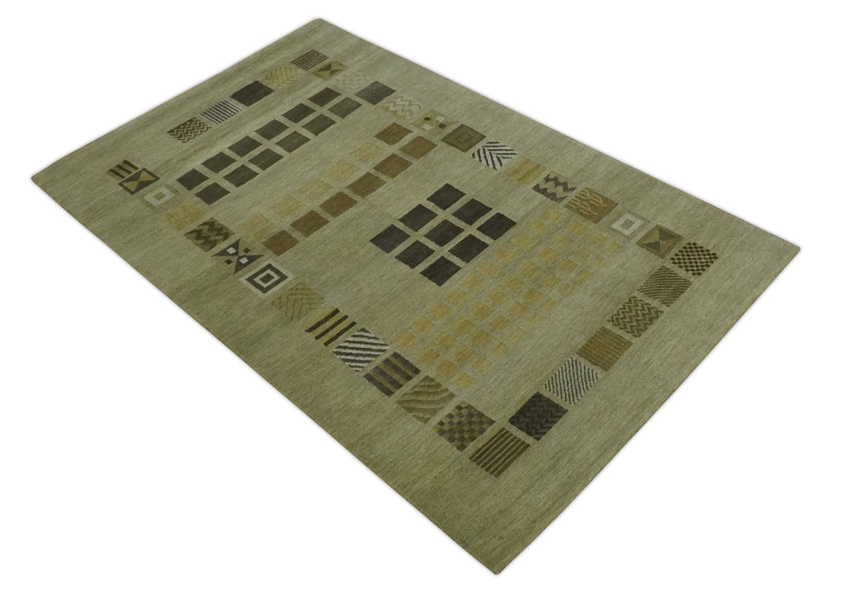 Modern Geometrical Green, Charcoal and Brown Hand loom 5x8 wool Area Rug
