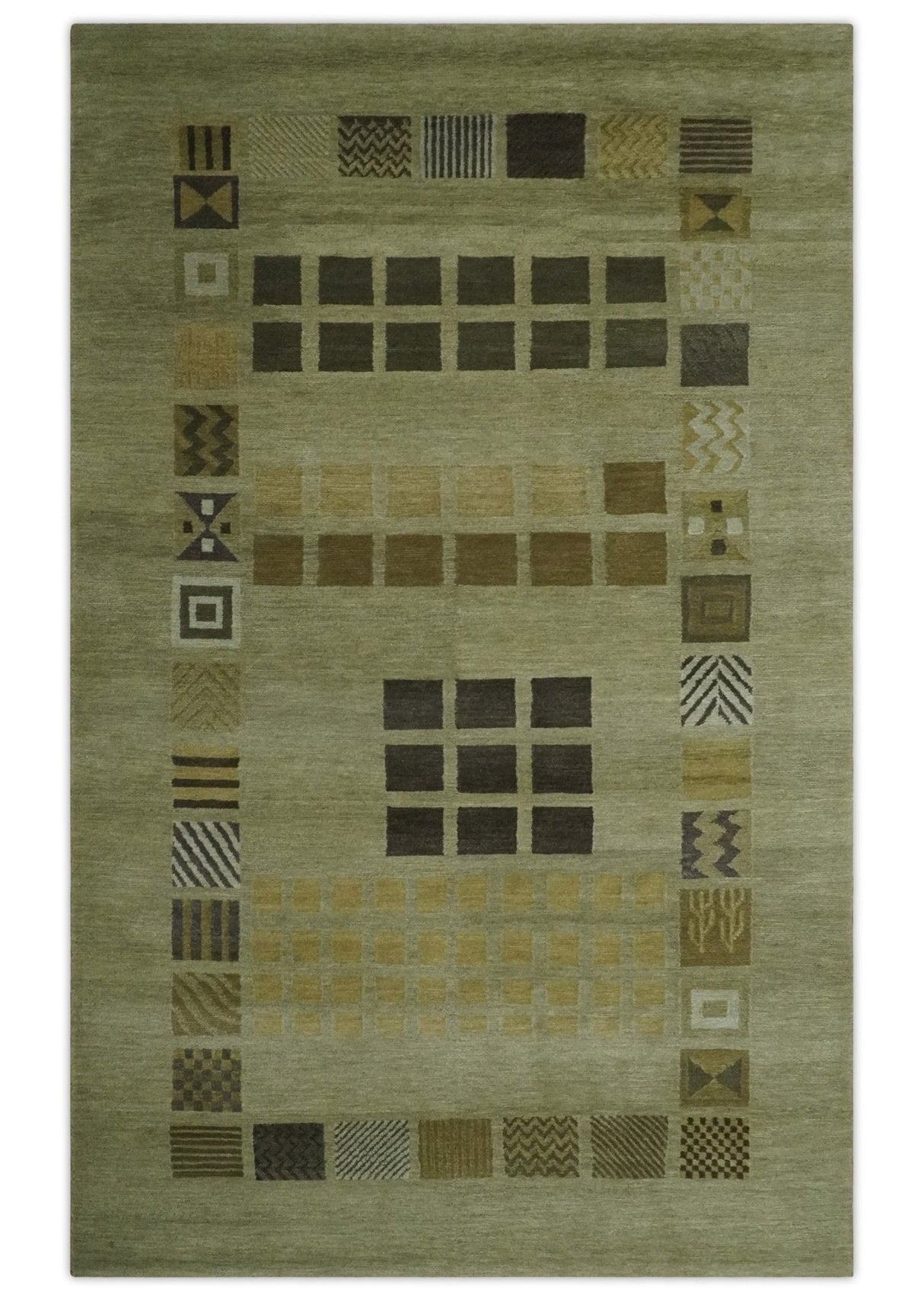 Modern Geometrical Green, Charcoal and Brown Hand loom 5x8 wool Area Rug