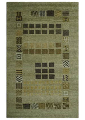 Modern Geometrical Green, Charcoal and Brown Hand loom 5x8 wool Area Rug