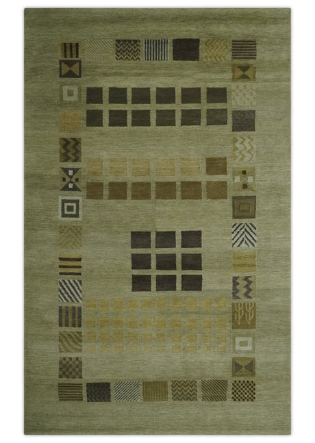 Modern Geometrical Green, Charcoal and Brown Hand loom 5x8 wool Area Rug