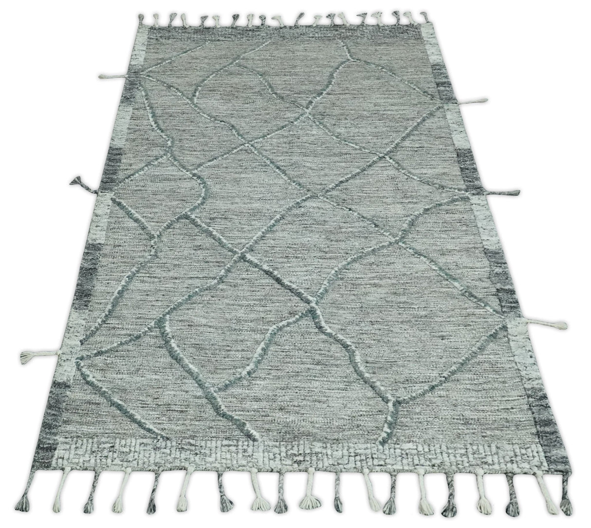 Modern Geometrical Hand carved Texture Gray, Ivory and Charcoal Hand Knotted 5x8 wool Area Rug