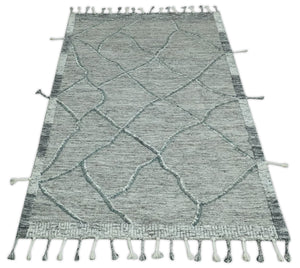 Modern Geometrical Hand carved Texture Gray, Ivory and Charcoal Hand Knotted 5x8 wool Area Rug